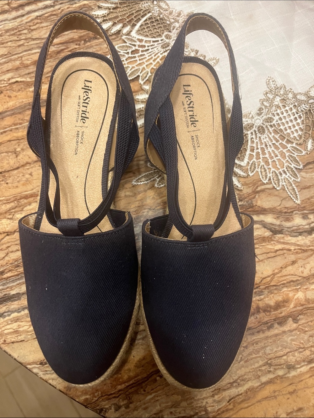 Life Stride Black Slingback Espadrille Wedges